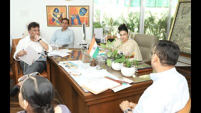 Haryana irrigation and water resources minister Shruti Choudhry during a meeting regarding flood-related projects in Chandigarh on Monday. (Sourced)