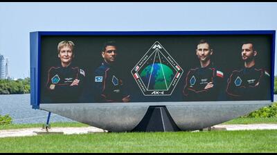 Images of Shubanshu Shukla and other astronauts on a video clock at Cape Canaveral, Florida, US, on Monday. (REUTERS PHOTO) Images of Shubanshu Shukla and other astronauts on a video clock at Cape Canaveral, Florida, US, on Monday. (REUTERS PHOTO)
