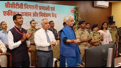 J&K lieutenant governor Manoj Sinha during the inauguration at Katra on Monday. (HT Photo)