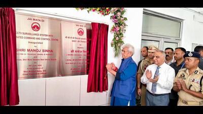 Jammu and Kashmir lieutenant governor Manoj Sinha inaugurating the CCTV Surveillance System with the Integrated Command and Control Centre for the Vaishno Devi Shrine at Katra in Reasi district on Monday. Inspector General of Police, Jammu zone, Bhim Sen Tuti and others are also seen. (ANI Photo)