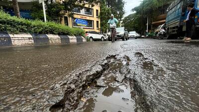 Pune, India - July 24, 2023: Potholes seen near Onkareshwar temple in Pune, India, on Monday, July 24, 2023. (Photo by Kalpesh Nukte/HT PHOTO) Pune, India - July 24, 2023: Potholes seen near Onkareshwar temple in Pune, India, on Monday, July 24, 2023. (Photo by Kalpesh Nukte/HT PHOTO)
