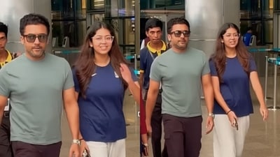 Suriya and his daughter Diya were clicked at the Hyderabad airport. Suriya and his daughter Diya were clicked at the Hyderabad airport.