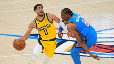 Tyrese Haliburton in action during Game 2 vs Oklahoma City Thunder (AP) Tyrese Haliburton in action during Game 2 vs Oklahoma City Thunder (AP)
