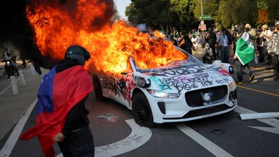 Speaking in New Jersey, Trump warned of strong retaliation against demonstrators who spit on police or National Guard troops, saying, "they spit, we hit." He did not mention specific incidents but promised firm law and order if the country or citizens are threatened. (AP)