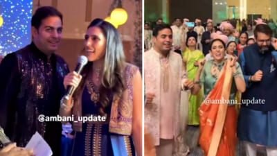 Clips showed Akash and Shloka singing and dancing together at one of the pre-wedding events. (Instagram/ambani_update) Clips showed Akash and Shloka singing and dancing together at one of the pre-wedding events. (Instagram/ambani_update)