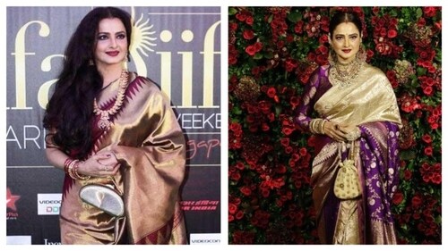 Rekha frequently wears Kanjeevaram sarees. (Pinterest) Rekha frequently wears Kanjeevaram sarees. (Pinterest)