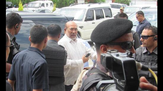 Former chief minister N Biren Singh at the Imphal airport. (Sourced)