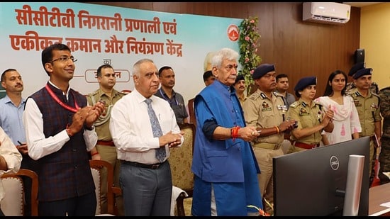 J&K lieutenant governor Manoj Sinha during the inauguration at Katra on Monday. (HT Photo)