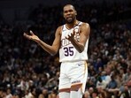 Kevin Durant #35 of the Phoenix Suns reacts against the Minnesota Timberwolves in the first quarter at Target Center on March 28, 2025 in Minneapolis Kevin Durant #35 of the Phoenix Suns reacts against the Minnesota Timberwolves in the first quarter at Target Center on March 28, 2025 in Minneapolis