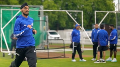 India's Arshdeep Singh during a practice session ahead of the Test cricket match series against England. (@BCCI)