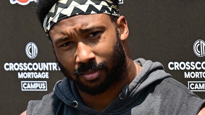 Cleveland Browns defensive end Myles Garrett (95) talks to the media during minicamp at CrossCountry Mortgage Campus (Reuters)