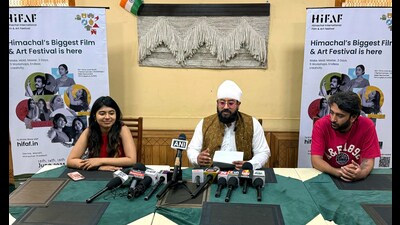 Founders of Himachal International Film and Art Festival Raja Singh Malhotra and Anurag Vashisht during a press conference organized in Kullu on Tuesday. (Aqil Khan /HT)