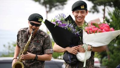 BTS members V and RM, arrive for an event after being discharged from South Korea’s mandatory military service, in Chuncheon, South Korea, June 10, 2025.&nbsp; (REUTERS)