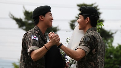 BTS members V and RM, arrive for an event after being discharged from South Korea’s mandatory military service, in Chuncheon, South Korea, June 10, 2025. (REUTERS)