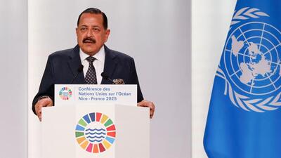 Minister of science and technology, and earth sciences Jitendra Singh addresses the plenary session of the United Nations Ocean Conference (UNOC3) in Nice, France, on Tuesday. (AFP) Minister of science and technology, and earth sciences Jitendra Singh addresses the plenary session of the United Nations Ocean Conference (UNOC3) in Nice, France, on Tuesday. (AFP)