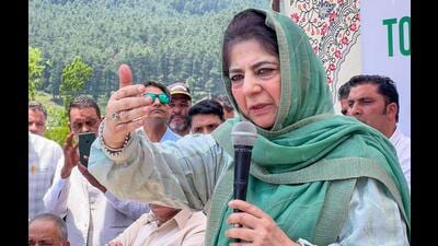 People’s Democratic Party president Mehbooba Mufti addresses local businessmen, taxi drivers, hoteliers, pony walas and civil society members, at Pahalgam in Anantnag on Tuesday. (ANI)