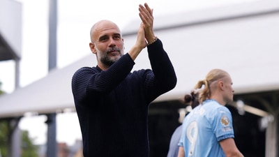 Manchester City manager Pep Guardiola mentions Gaza during his Gaza acceptance speech. (Action Images via Reuters)
