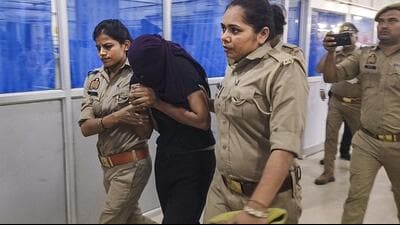 Sonam Raghuvanshi in Ghazipur on Monday. (PTI) Sonam Raghuvanshi in Ghazipur on Monday. (PTI)