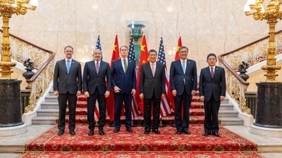 The teams, led by the US's Scott Bessent and Chinese Vice Premier He Lifeng, were still talking on Tuesday evening. (AFP) The teams, led by the US's Scott Bessent and Chinese Vice Premier He Lifeng, were still talking on Tuesday evening. (AFP)
