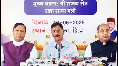 Union minister of state for defense Sanjay Seth addressing the media during a press conference in Shimla on Tuesday. (Deepak Sansta/HT) Union minister of state for defense Sanjay Seth addressing the media during a press conference in Shimla on Tuesday. (Deepak Sansta/HT)