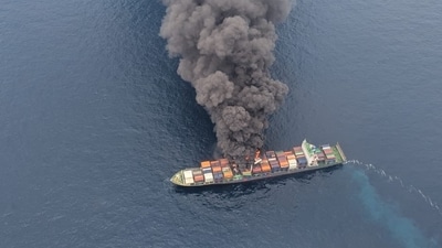 The 270m-long Singapore-flagged vessel departed Colombo, Sri Lanka on June 7. (X/ @IndiaCoastGuard) The 270m-long Singapore-flagged vessel departed Colombo, Sri Lanka on June 7. (X/ @IndiaCoastGuard)