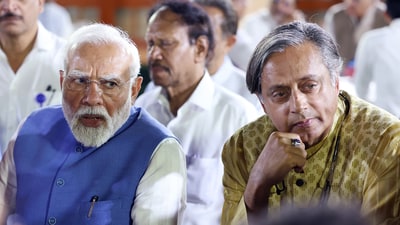 Prime Minister Narendra Modi with Congress MP Shashi Tharoor at a reception hosted for delegation members who went to various countries for Operation Sindoor global outreach (PMO/ANI) Prime Minister Narendra Modi with Congress MP Shashi Tharoor at a reception hosted for delegation members who went to various countries for Operation Sindoor global outreach (PMO/ANI)
