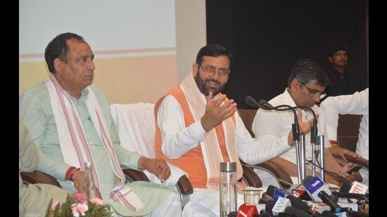 Haryana chief minister Nayab Singh Saini addressing a press conference in Panchkula in Tuesday. (Sant Arora Hindustan Times)