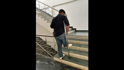 A differently abled man using a staircase to reach the State Commission for Persons with Disabilities’ office, Chandigarh. (HT Photo) A differently abled man using a staircase to reach the State Commission for Persons with Disabilities’ office, Chandigarh. (HT Photo)
