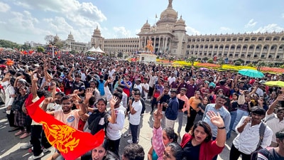 RCB fans in large numbers gathered outside Vidhana Soudha to catch a glimpse of their Indian Premier League (IPL) 2025 champion team on June 4. (PTI) RCB fans in large numbers gathered outside Vidhana Soudha to catch a glimpse of their Indian Premier League (IPL) 2025 champion team on June 4. (PTI)
