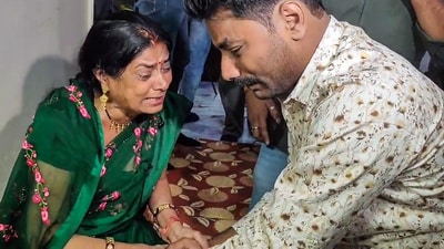 Brother of Sonam Raghuvanshi, Govind, mourns with the Mother of Raja Raghuvanshi, Uma Raghuvanshi, in Indore on Wednesday. (ANI Photo) Brother of Sonam Raghuvanshi, Govind, mourns with the Mother of Raja Raghuvanshi, Uma Raghuvanshi, in Indore on Wednesday. (ANI Photo)