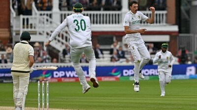 South Africa's Marco Jansen (2R) celebrates with Tristan Stubbs after taking the wicket of Australia's Marnus Labuschagne (unseen) for 17 runs (AFP) South Africa's Marco Jansen (2R) celebrates with Tristan Stubbs after taking the wicket of Australia's Marnus Labuschagne (unseen) for 17 runs (AFP)