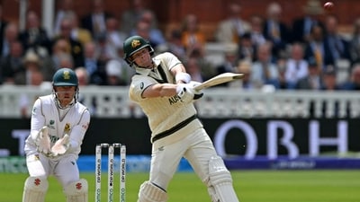 Steven Smith scored 66 before being dismissed by part-time spinner Aiden Markram and featured in a 79-run fifth wicket partnership with Beau Webster. (AFP) Steven Smith scored 66 before being dismissed by part-time spinner Aiden Markram and featured in a 79-run fifth wicket partnership with Beau Webster. (AFP)
