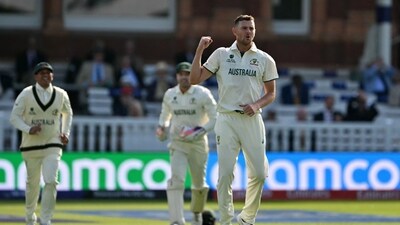 Josh Hazlewood joined the party late in the day but he claimed the crucial wicket of Tristan Stubbs for 2 as South Africa were reeling at 43/2 at stumps. (AFP) Josh Hazlewood joined the party late in the day but he claimed the crucial wicket of Tristan Stubbs for 2 as South Africa were reeling at 43/2 at stumps. (AFP)