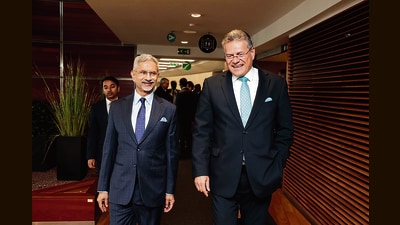 External affairs minister S Jaishankar with European Commissioner for Trade and Economic Security Maroš Šefčovič in Brussels on Wednesday. (PTI) External affairs minister S Jaishankar with European Commissioner for Trade and Economic Security Maroš Šefčovič in Brussels on Wednesday. (PTI)