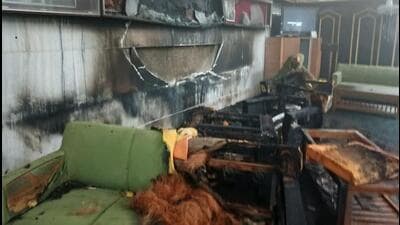 Furniture, photographs of former lieutenant governor’s, assembly speakers and CMs were damaged in a fire that broke out in the lobby area of J&K assembly on Wednesday. (HT Photo) Furniture, photographs of former lieutenant governor’s, assembly speakers and CMs were damaged in a fire that broke out in the lobby area of J&K assembly on Wednesday. (HT Photo)