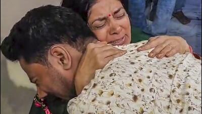 Govind Raghuvanshi, brother of Sonam Raghuvanshi who is among the five arrested for the murder of her husband Raja Raghuvanshi, consoles Raja's mother Uma Raghuvanshi during a visit at the latter's residence, in Indore, Wednesday (PTI) Govind Raghuvanshi, brother of Sonam Raghuvanshi who is among the five arrested for the murder of her husband Raja Raghuvanshi, consoles Raja's mother Uma Raghuvanshi during a visit at the latter's residence, in Indore, Wednesday (PTI)