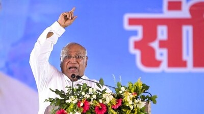Congress president Mallikarjun Kharge at a rally in Ranchi. (PTI)