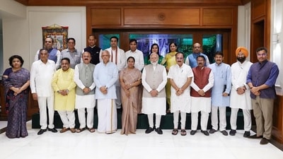 PM Narendra Modi with CM Rekha Gupta, Delhi BJP MPs, MLAs and other leaders on Wednesday. (ANI) PM Narendra Modi with CM Rekha Gupta, Delhi BJP MPs, MLAs and other leaders on Wednesday. (ANI)