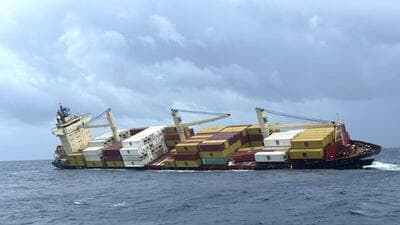 The Liberia-flagged cargo vessel sank 14.5 nautical miles off the coast of Kochi on May 25 while sailing to Kochi from the Vizhinjam International Seaport. (AP) The Liberia-flagged cargo vessel sank 14.5 nautical miles off the coast of Kochi on May 25 while sailing to Kochi from the Vizhinjam International Seaport. (AP)