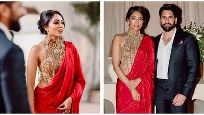 Sobhita Dhulipala looked stunning in a red saree at the reception. Sobhita Dhulipala looked stunning in a red saree at the reception.