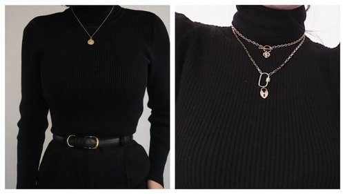 Silver chains with single or stacked pendants go well with ribbed turtle neck tops. (PInterest) Silver chains with single or stacked pendants go well with ribbed turtle neck tops. (PInterest)