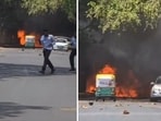Locals run from fire and smoke from an Air India plane crash in Ahmedabad. Locals run from fire and smoke from an Air India plane crash in Ahmedabad.