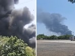 Thick black smoke at Ahmedabad plane crash site. Thick black smoke at Ahmedabad plane crash site.