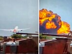 In this combo of images, a London-bound Air India plane crashes moments after taking off from the Ahmedabad airport on Thursday