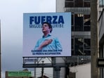 n image of Colombian Senator Miguel Uribe Turbay of the opposition Democratic Center party is displayed, after he was shot during a campaign event, in Bogota, Colombia
