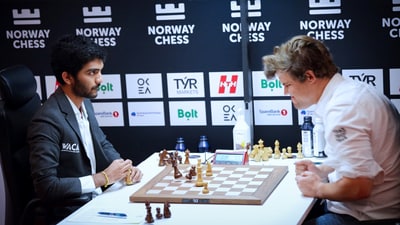 D Gukesh during his Round 6 game vs Magnus Carlsen. (JP Nadda-X)
