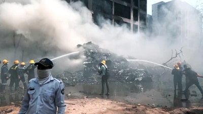 Firefighting operation underway at the site where an Air India plane, B787 Aircraft VT-ANB, while operating flight AI-171 from Ahmedabad to Gatwick, crashed. (ANI) Firefighting operation underway at the site where an Air India plane, B787 Aircraft VT-ANB, while operating flight AI-171 from Ahmedabad to Gatwick, crashed. (ANI)