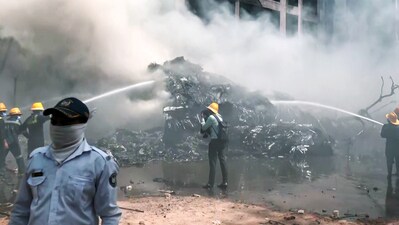 Firefighting operation underway at the site where an Air India plane from Ahmedabad crashed. (ANI) Firefighting operation underway at the site where an Air India plane from Ahmedabad crashed. (ANI)