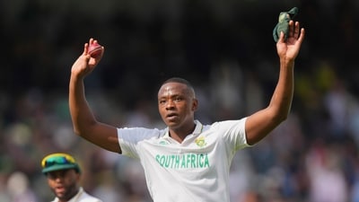 South Africa's Kagiso Rabada celebrates after his five-wicket haul. (AP) South Africa's Kagiso Rabada celebrates after his five-wicket haul. (AP)