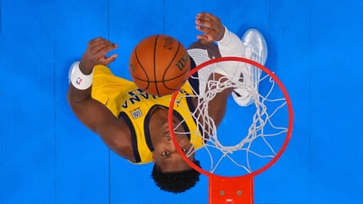 Indiana Pacers guard Bennedict Mathurin (00) looks up at his shot during the second half during game one of the 2025 NBA Finals at Paycom Center. Mandatory Credit: Julio Cortez-Pool Photo via Imagn Images (IMAGN IMAGES via Reuters Connect)